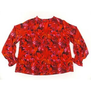 Mascomoda Floral Blouse Boho Smocked Cuff Women XXL Red
